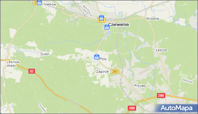 mapa Płoty gmina Czerwieńsk, Płoty gmina Czerwieńsk na mapie Targeo