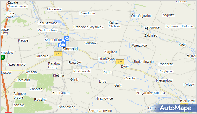 mapa Brończyce gmina Słomniki, Brończyce gmina Słomniki na mapie Targeo
