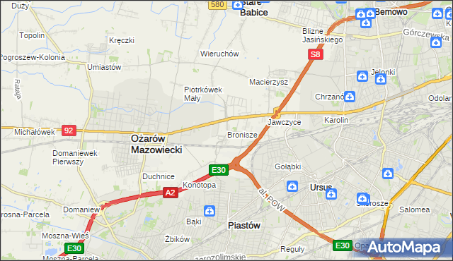 mapa Bronisze gmina Ożarów Mazowiecki, Bronisze gmina Ożarów Mazowiecki na mapie Targeo