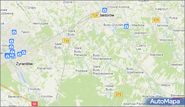 mapa Budy Michałowskie gmina Jaktorów, Budy Michałowskie gmina Jaktorów na mapie Targeo