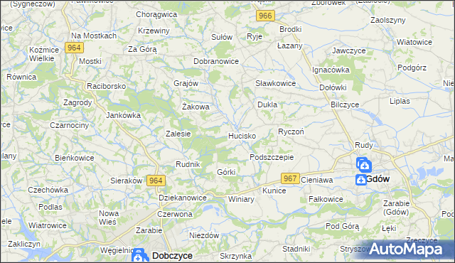 mapa Hucisko gmina Gdów, Hucisko gmina Gdów na mapie Targeo