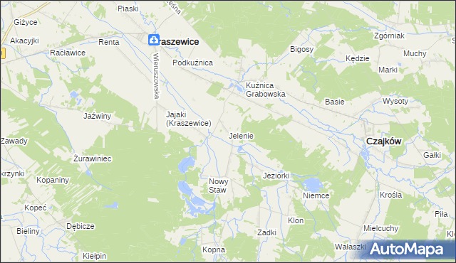 mapa Jelenie gmina Kraszewice, Jelenie gmina Kraszewice na mapie Targeo