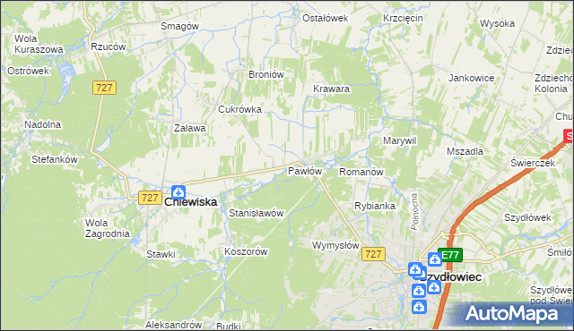 mapa Pawłów gmina Chlewiska, Pawłów gmina Chlewiska na mapie Targeo