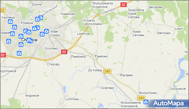 mapa Pawłowo gmina Chojnice, Pawłowo gmina Chojnice na mapie Targeo