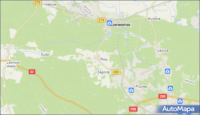 mapa Płoty gmina Czerwieńsk, Płoty gmina Czerwieńsk na mapie Targeo