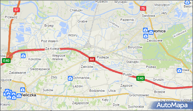 mapa Podłęże gmina Niepołomice, Podłęże gmina Niepołomice na mapie Targeo