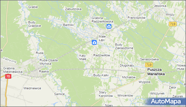 mapa Radziwiłłów gmina Puszcza Mariańska, Radziwiłłów gmina Puszcza Mariańska na mapie Targeo