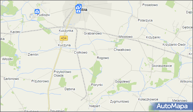 mapa Rogowo gmina Krobia, Rogowo gmina Krobia na mapie Targeo