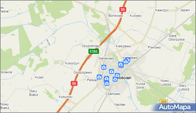 mapa Sierakowo gmina Kościan, Sierakowo gmina Kościan na mapie Targeo