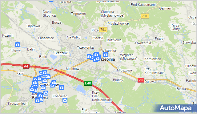 mapa Trzebinia powiat chrzanowski, Trzebinia powiat chrzanowski na mapie Targeo