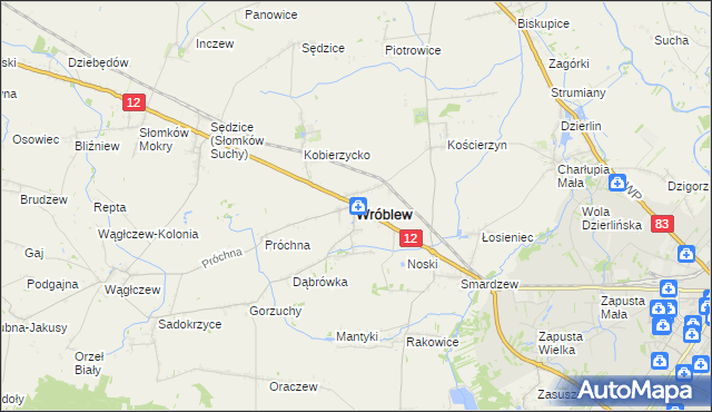mapa Wróblew powiat sieradzki, Wróblew powiat sieradzki na mapie Targeo