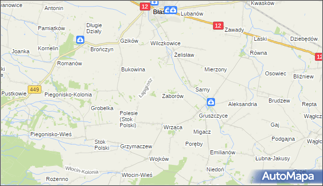 mapa Zaborów gmina Błaszki, Zaborów gmina Błaszki na mapie Targeo