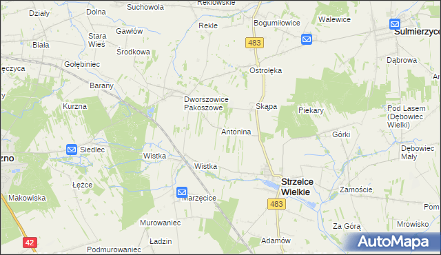 mapa Antonina gmina Strzelce Wielkie, Antonina gmina Strzelce Wielkie na mapie Targeo