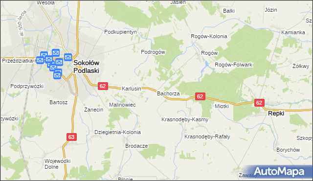 mapa Bachorza gmina Sokołów Podlaski, Bachorza gmina Sokołów Podlaski na mapie Targeo