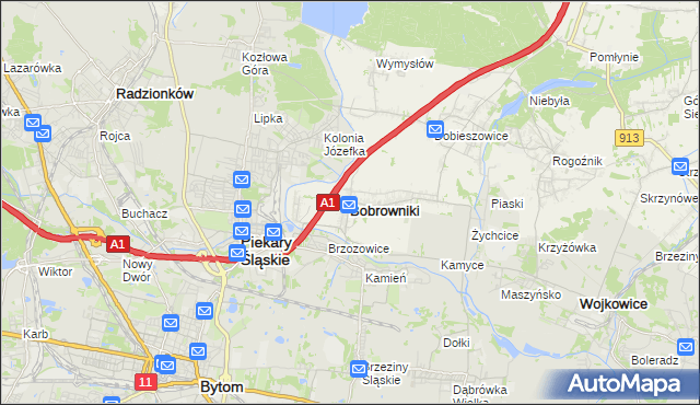 mapa Bobrowniki powiat będziński, Bobrowniki powiat będziński na mapie Targeo
