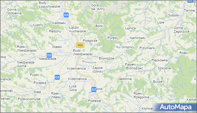 mapa Broniszów gmina Wielopole Skrzyńskie, Broniszów gmina Wielopole Skrzyńskie na mapie Targeo