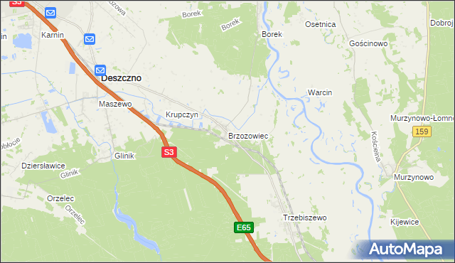 mapa Brzozowiec gmina Deszczno, Brzozowiec gmina Deszczno na mapie Targeo