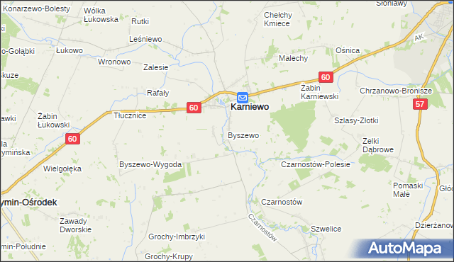 mapa Byszewo gmina Karniewo, Byszewo gmina Karniewo na mapie Targeo