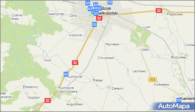 mapa Chrustowo gmina Grodzisk Wielkopolski, Chrustowo gmina Grodzisk Wielkopolski na mapie Targeo