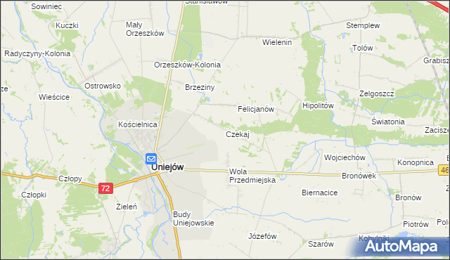mapa Czekaj gmina Uniejów, Czekaj gmina Uniejów na mapie Targeo