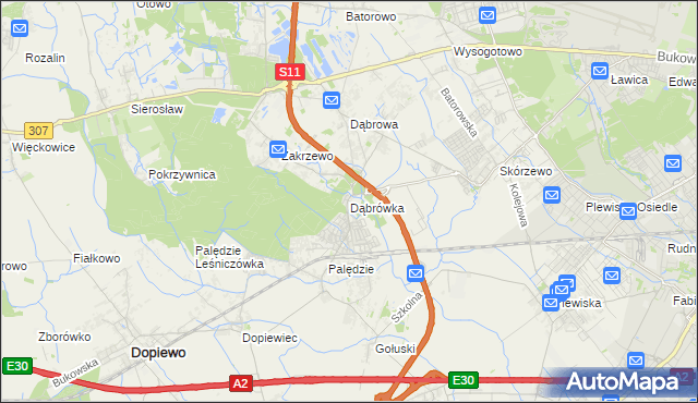 mapa Dąbrówka gmina Dopiewo, Dąbrówka gmina Dopiewo na mapie Targeo