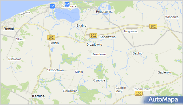 mapa Drozdowo gmina Karnice, Drozdowo gmina Karnice na mapie Targeo