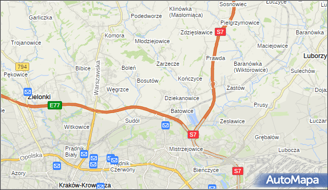 mapa Dziekanowice gmina Zielonki, Dziekanowice gmina Zielonki na mapie Targeo