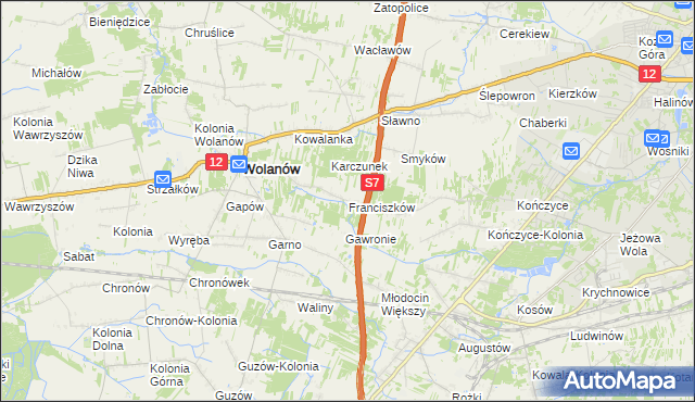 mapa Franciszków gmina Wolanów, Franciszków gmina Wolanów na mapie Targeo