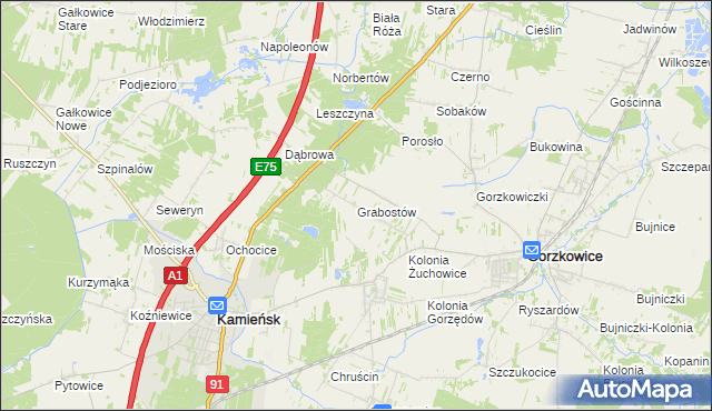 mapa Grabostów gmina Gorzkowice, Grabostów gmina Gorzkowice na mapie Targeo