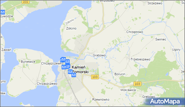 mapa Grabowo gmina Kamień Pomorski, Grabowo gmina Kamień Pomorski na mapie Targeo