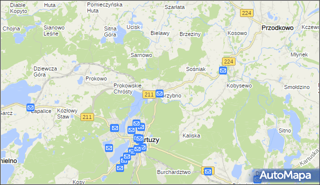 mapa Grzybno gmina Kartuzy, Grzybno gmina Kartuzy na mapie Targeo