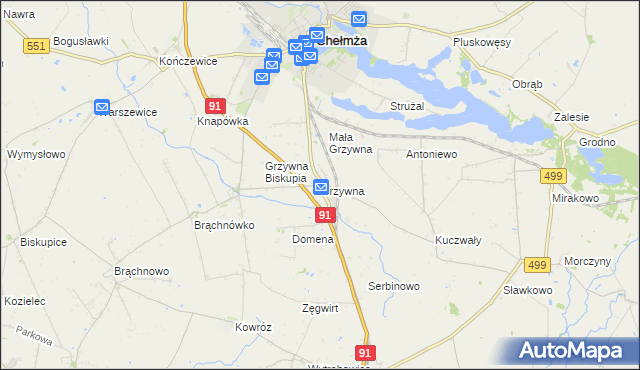 mapa Grzywna gmina Chełmża, Grzywna gmina Chełmża na mapie Targeo
