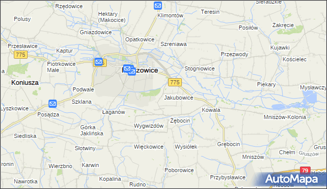 mapa Jakubowice gmina Proszowice, Jakubowice gmina Proszowice na mapie Targeo