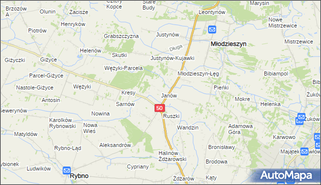 mapa Janów gmina Młodzieszyn, Janów gmina Młodzieszyn na mapie Targeo