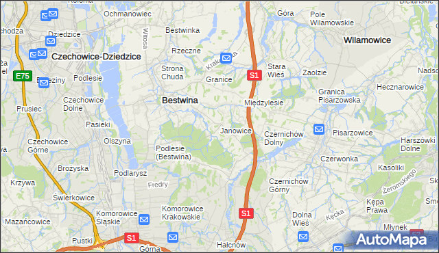 mapa Janowice gmina Bestwina, Janowice gmina Bestwina na mapie Targeo