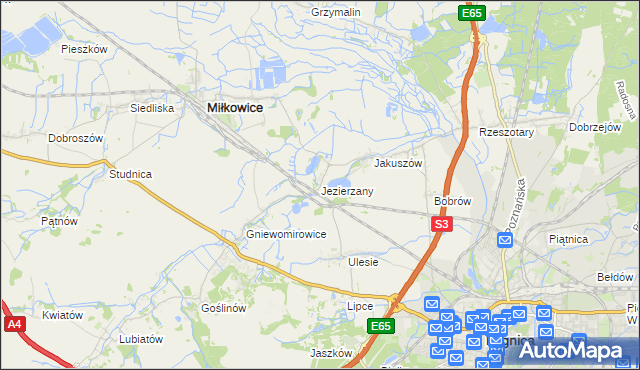 mapa Jezierzany gmina Miłkowice, Jezierzany gmina Miłkowice na mapie Targeo