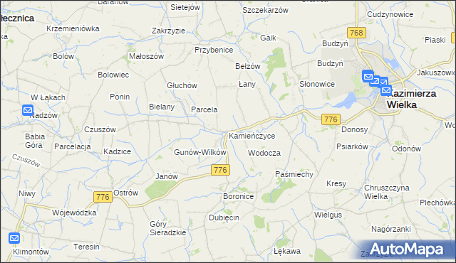 mapa Kamieńczyce gmina Kazimierza Wielka, Kamieńczyce gmina Kazimierza Wielka na mapie Targeo