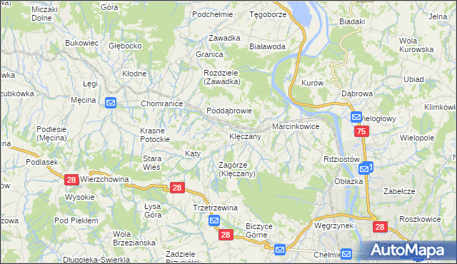 mapa Klęczany gmina Chełmiec, Klęczany gmina Chełmiec na mapie Targeo