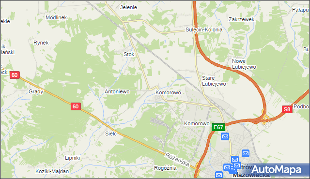 mapa Komorowo gmina Ostrów Mazowiecka, Komorowo gmina Ostrów Mazowiecka na mapie Targeo