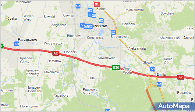 mapa Kowalewice gmina Parzęczew, Kowalewice gmina Parzęczew na mapie Targeo