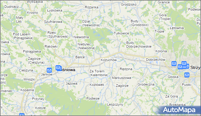 mapa Kożuchów gmina Wiśniowa, Kożuchów gmina Wiśniowa na mapie Targeo