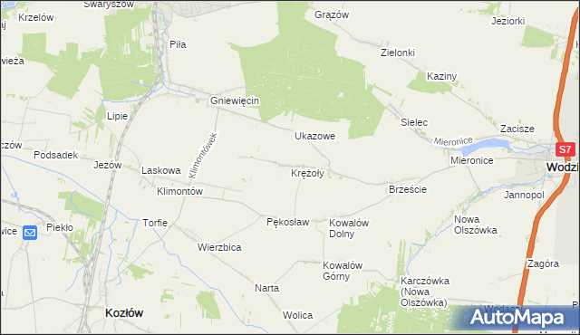 mapa Krężoły gmina Wodzisław, Krężoły gmina Wodzisław na mapie Targeo