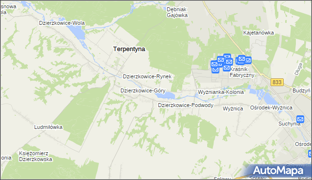 mapa Krzywie gmina Dzierzkowice, Krzywie gmina Dzierzkowice na mapie Targeo