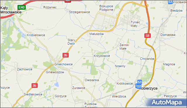 mapa Krzyżowice gmina Kobierzyce, Krzyżowice gmina Kobierzyce na mapie Targeo