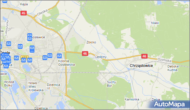 mapa Lędziny gmina Chrząstowice, Lędziny gmina Chrząstowice na mapie Targeo