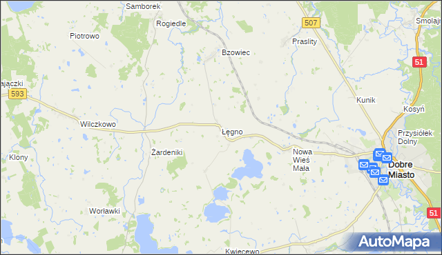 mapa Łęgno gmina Dobre Miasto, Łęgno gmina Dobre Miasto na mapie Targeo