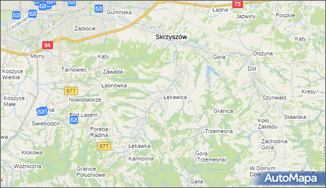 mapa Łękawica gmina Skrzyszów, Łękawica gmina Skrzyszów na mapie Targeo