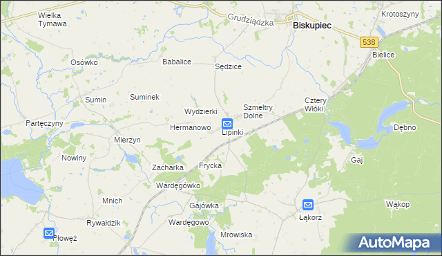 mapa Lipinki gmina Biskupiec, Lipinki gmina Biskupiec na mapie Targeo