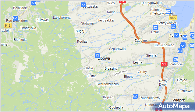 mapa Lipowa powiat żywiecki, Lipowa powiat żywiecki na mapie Targeo