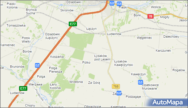 mapa Łysaków pod Lasem, Łysaków pod Lasem na mapie Targeo